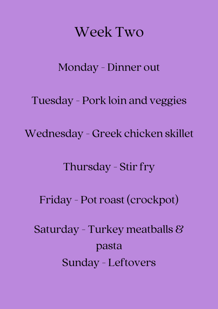 Week Two Meal Plan
Monday - Dinner out
Tuesday - Pork loin and veggies
Wednesday - Greek chicken skillet
Thursday - Stir fry
Friday - Pot roast (crockpot)
Saturday - Turkey meatballs and pasta
Sunday - Leftovers